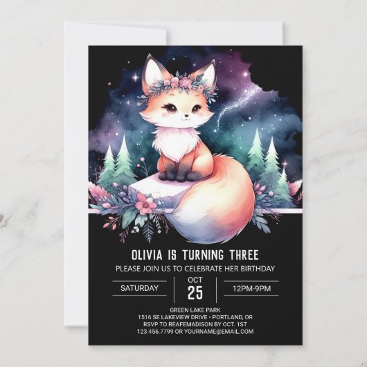 Invitation Watercolor Whimsical Fox Anniversaire numérique (Devant)