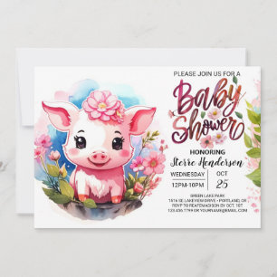 Invitation Watercolor Whispers Farm Pig Baby shower