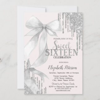 Invitation Watercolor White Bow Silver Glitter Drips Sweet 16