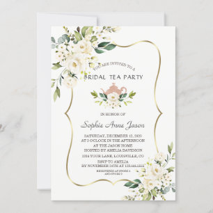 Invitation Watercolor White Floral Fête des mariées Tea Party