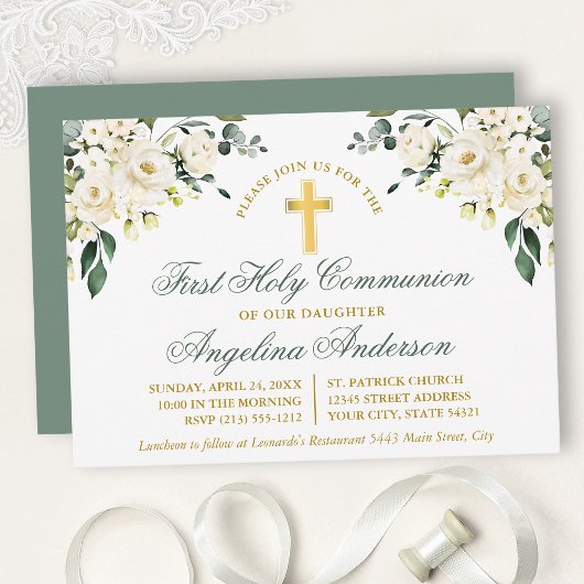 Invitation Watercolor White Floral Sage Green Gold Communion
