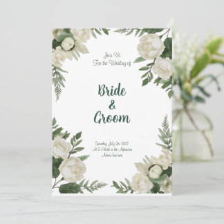 Invitation Watercolor White Peony Lush Green Botanical