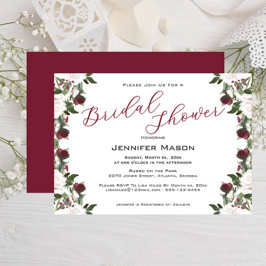 Invitation Watercolor White Roses Cranberry Bridal Shower 