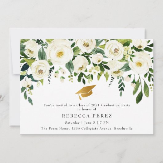 Invitation Watercolor White Roses Greenery Graduation Party (Devant)