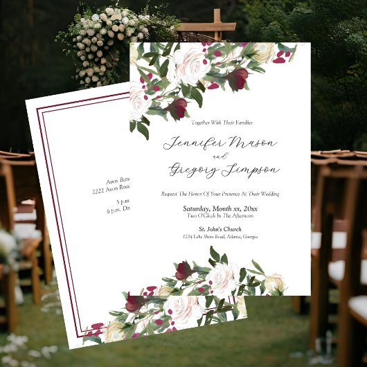 Invitation Watercolor White Roses with Cranberry Wedding