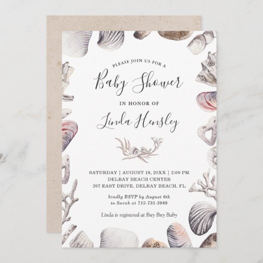 Invitation Watercolor White Sea Shell Beach Baby shower (Devant / Derrière)
