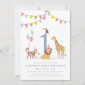 Invitation Watercolor Wild Animals First Birthday (Devant)