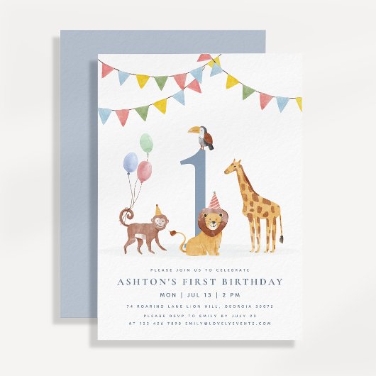 Invitation Watercolor Wild Animals First Birthday