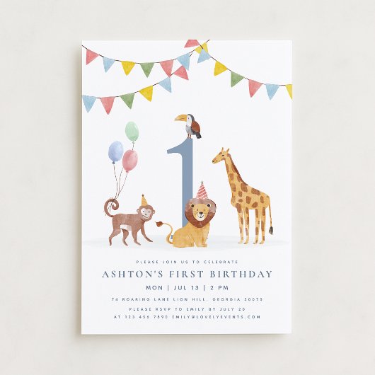 Invitation Watercolor Wild Animals First Birthday