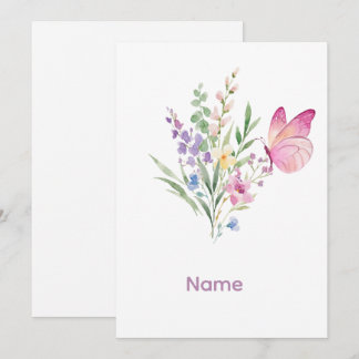 Invitation Watercolor Wildflower Bouquet with Pink Butterfly
