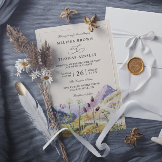 Invitation Watercolor Wildflower Mountain QR Code Wedding