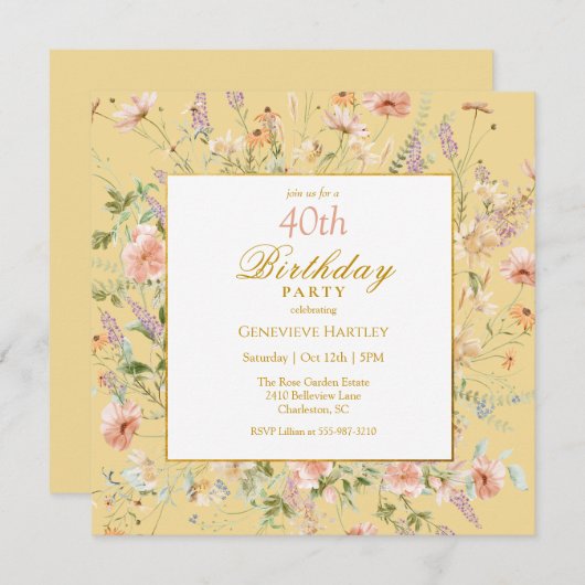 Invitation Watercolor Wildflowers 40th Yellow Birthday (Devant / Derrière)