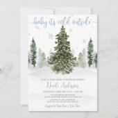 Invitation Watercolor Winter Forest Baby shower bleu (Devant)