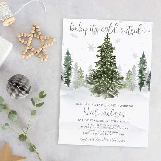Invitation Watercolor Winter Forest Grey Baby shower