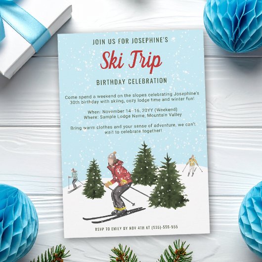 Invitation Watercolor Winter Ski Trip Skiing Birthday Party