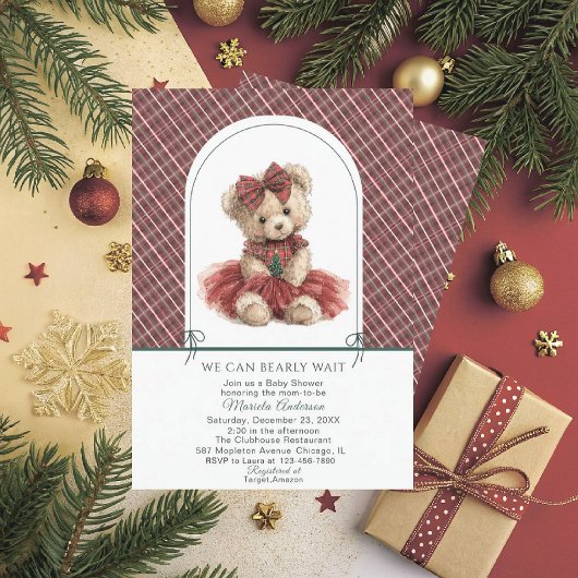 Invitation Watercolor Winter Teddy bear Christmas Baby Show