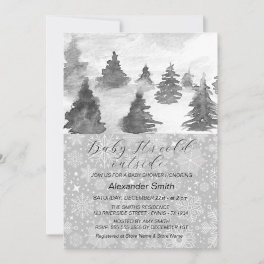 Invitation Watercolor Winter Tree Forest Boy Baby shower (Devant)