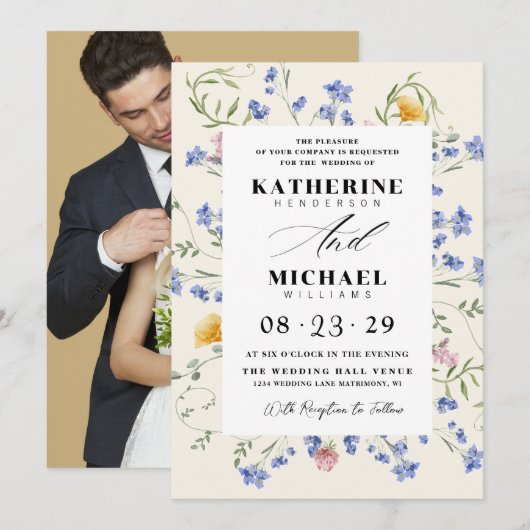 Invitation Watercolor Wldflowers Meadow & Add Photo Wedding (Devant / Derrière)