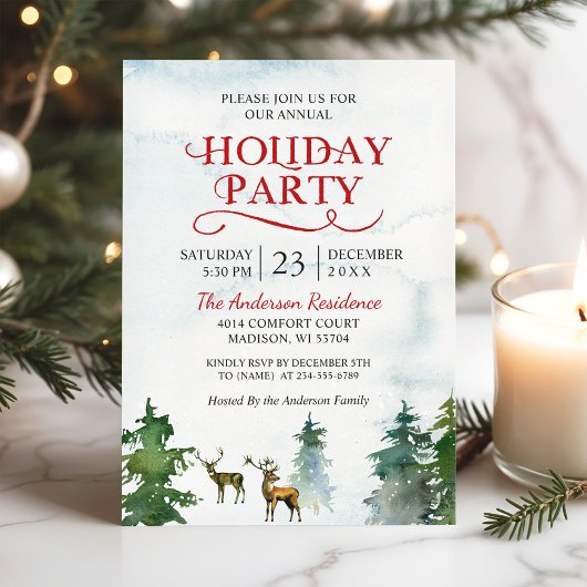 Invitation Watercolor Woodland Deer Snow Forest Fête