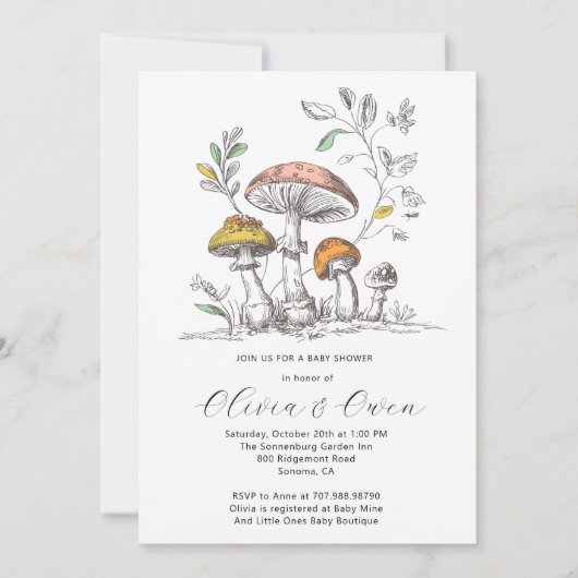 Invitation Watercolor Woodland Mushrooms Baby Shower (Devant)