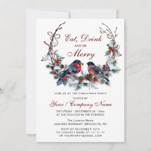 Invitation Watercolor Wreath & Red Birds Christmas Party
