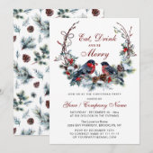 Invitation Watercolor Wreath & Red Birds Christmas Party (Devant / Derrière)