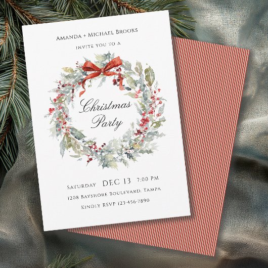 Invitation Watercolor Wreath Red Bow Christmas Party