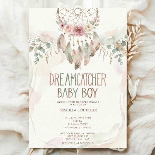 Invitation watercolour Boho flower Dreamcatcher Baby Shower