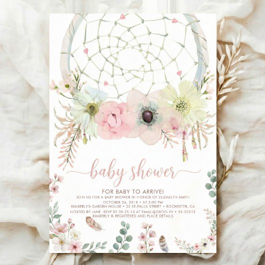 Invitation watercolour Boho flower Dreamcatcher Baby Shower