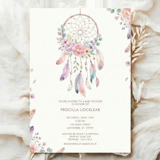 Invitation watercolour Boho flower Dreamcatcher Baby Shower