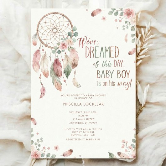 Invitation watercolour Boho flower Dreamcatcher Baby Shower