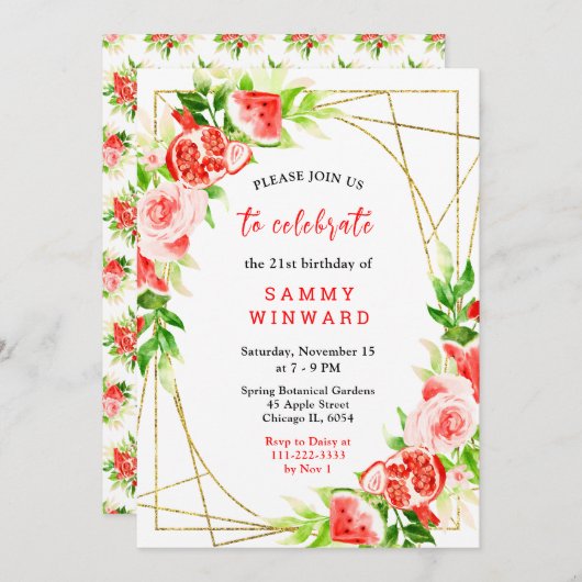 Invitation Watermelon and Pomegranate Birthday (Devant / Derrière)