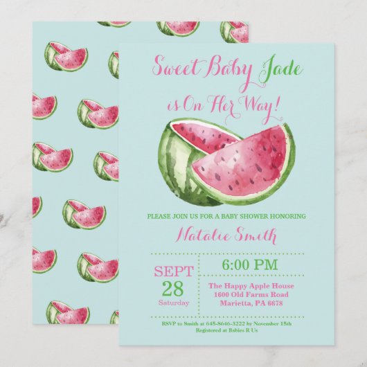 Invitation Watermelon Baby shower Aqua Turquoise Turquoise (Devant / Derrière)