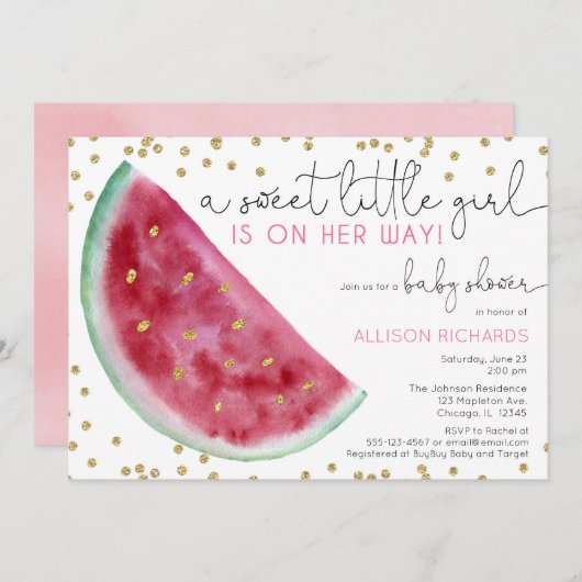 Invitation Watermelon fille baby shower douce petite fille (Devant / Derrière)