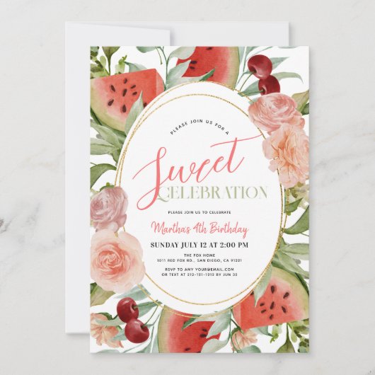 Invitation Watermelon Floral Sweet Celebration Fille Annivers (Devant)