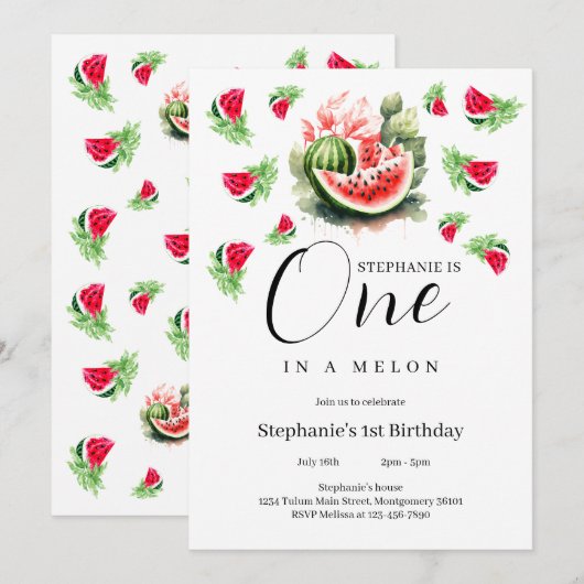 Invitation Watermelon One dans un melon 1er anniversaire (Devant / Derrière)