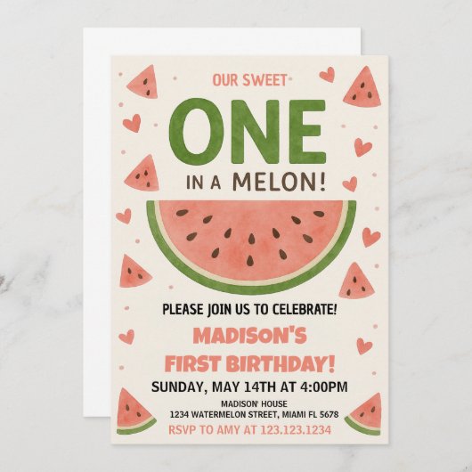Invitation Watermelon "One in a Melon" 1er anniversaire (Devant / Derrière)