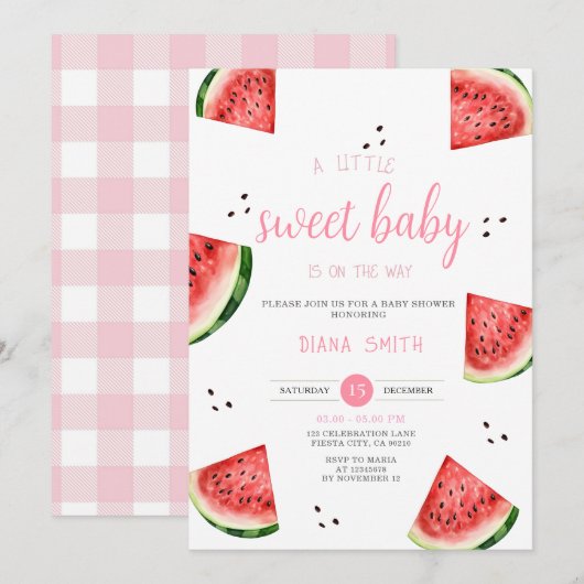 Invitation Watermelon Un petit Baby shower En vichy rose doux (Devant / Derrière)