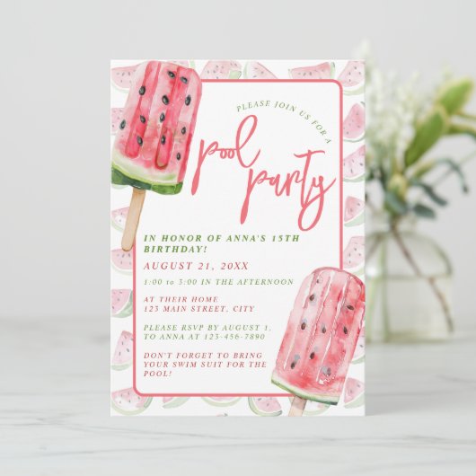 Invitation Watermelon Watercolor Summer Pool Party (Debout devant)