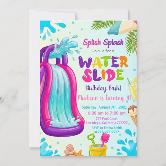 Invitation Waterslide Birthday, Let's make a Splash, Summer (Devant)