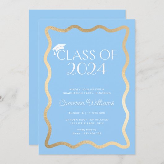 Invitation Wave Sky Blue Gold Party (Devant / Derrière)