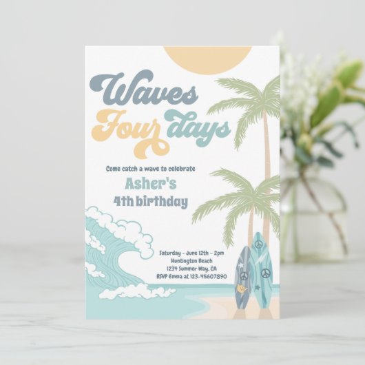 Invitation Waves Four Days Retro Surf Beach 4e anniversaire (Debout devant)