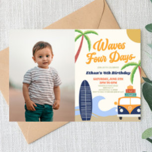 Invitation Waves Four Days Surf Board Blue 4th Birthday Party