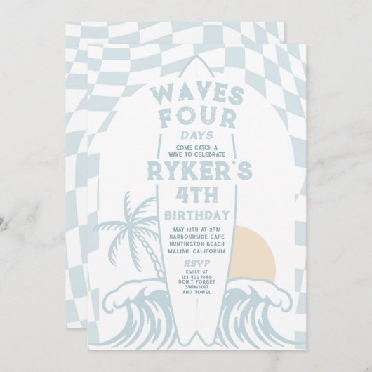Invitation Waves Four Days Surf Surfing 4th Birthday Party (Devant / Derrière)