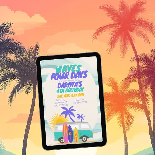 Invitation Waves Four Days Surf Van 4th Birthday