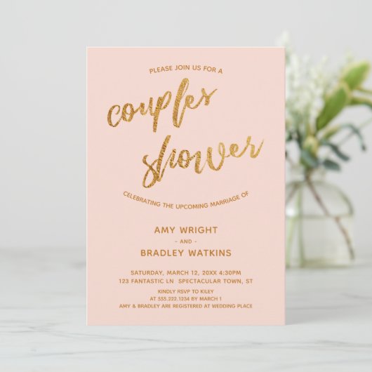 Invitation Waves Gold moderne écriture main Blush Couples Dou (Debout devant)