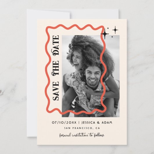 Invitation Wavy Frame Retro Photo Mariage Enregistrer La Date (Devant)
