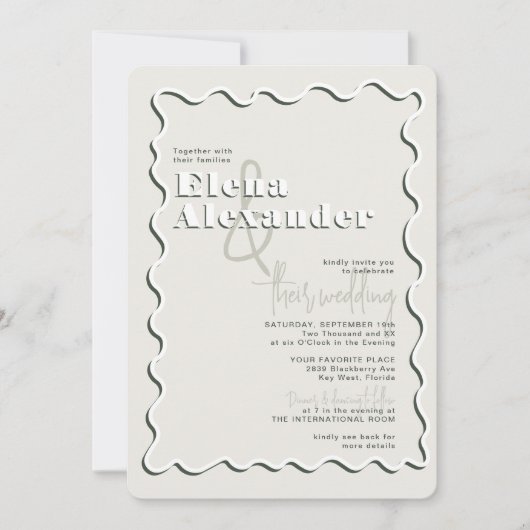 Invitation Wavy Green RSVP QR Code Mariage (Devant)