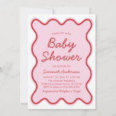Invitation Wavy Moderne Curvy Retro Baby shower rose et rouge (Devant)