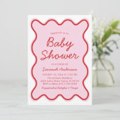Invitation Wavy Moderne Curvy Retro Baby shower rose et rouge (Debout devant)